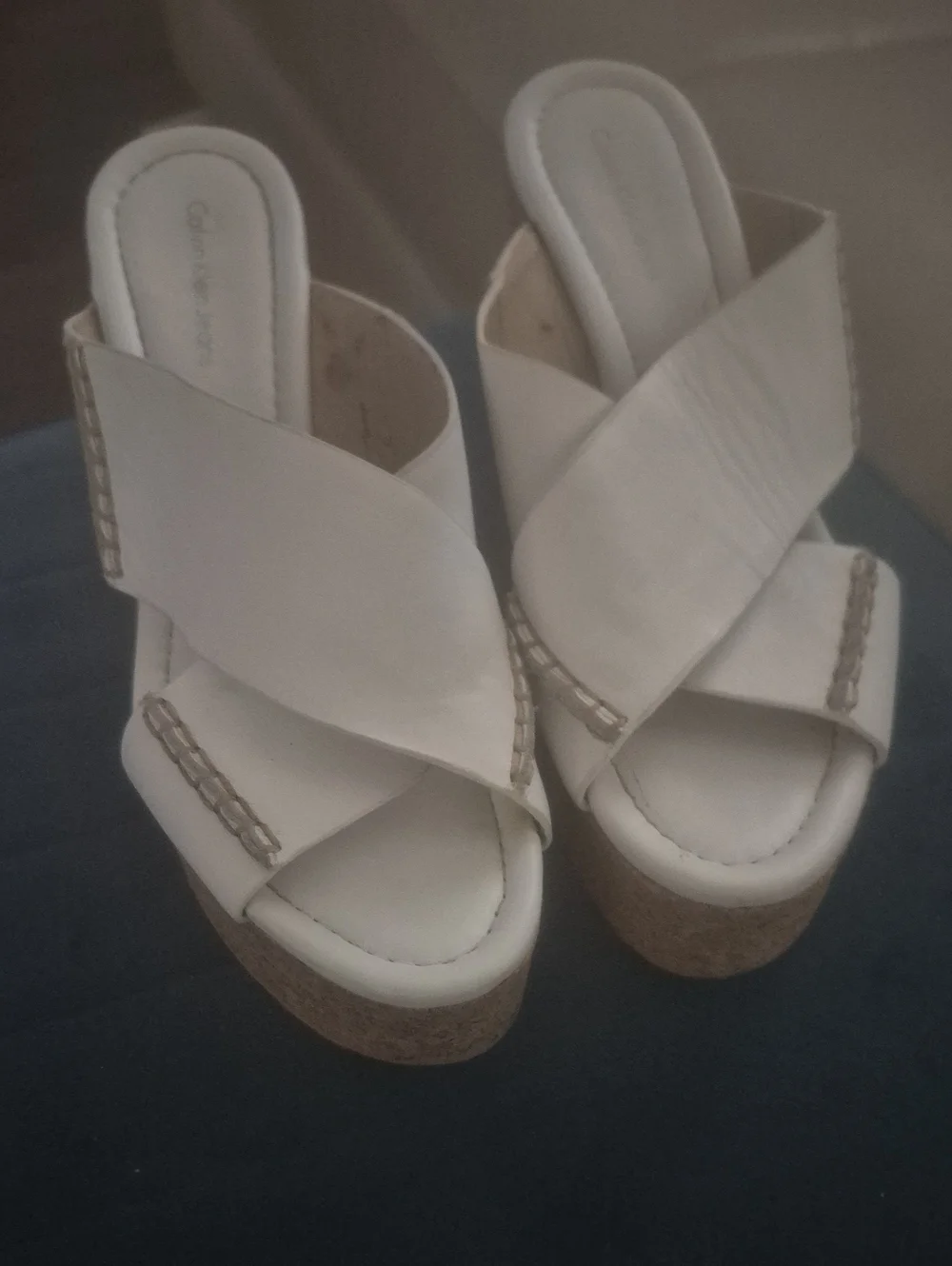 Calvin Klein White Cross-Strap Cork Platform Wedge Slides